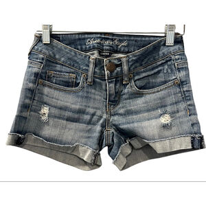 American Eagle Size 00 Distressed Denim Blue Jean Shorts Stretch Casual Summer